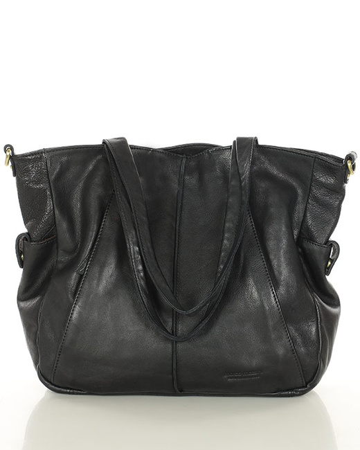 Miękka torebka skórzana shopperka na ramię - MARCO MAZZINI - czarna