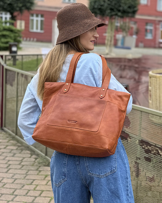 Torebka skórzana shopper damski z przegródkami - MARCO MAZZINI camelowy brąz