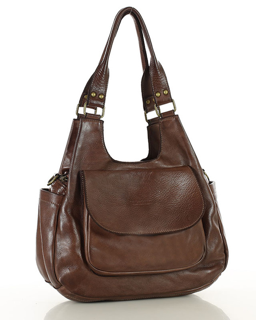 Włoska torebka skórzana z kieszenią z przodu retro bag handmade - MARCO MAZZINI czekoladowy brąz