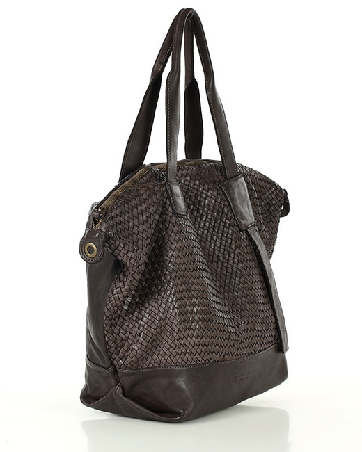 Ciemnobrązowa torebka pleciona shopper A4 z miękkiej włoskiej skóry Marco Mazzini