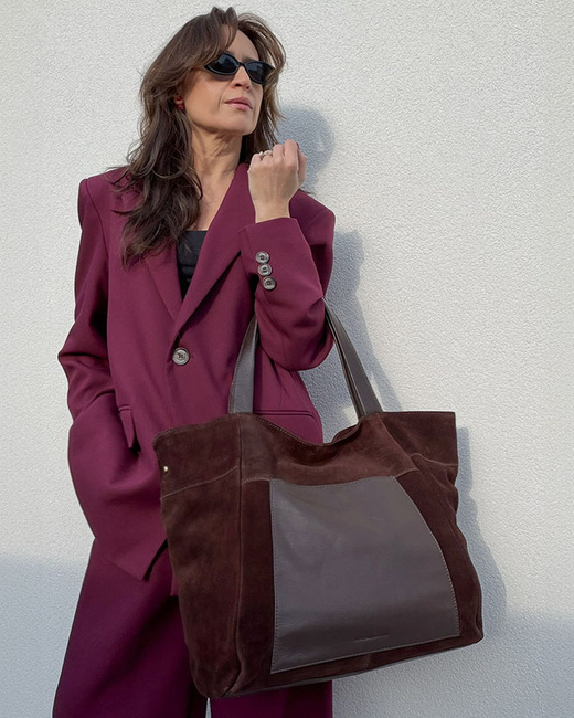 Duża torba zamszowa shopper skórzany z kieszenią - MARCO MAZZINI ciemny brąz