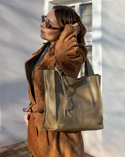 Modna torebka damska skórzany shopper bag - MARCO MAZZINI Portofino Max beżowy taupe