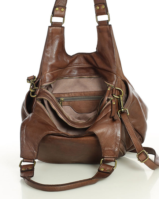 Włoska torebka skórzana z kieszenią z przodu retro bag handmade - MARCO MAZZINI czekoladowy brąz