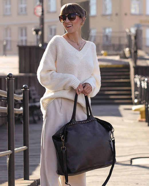 Duża torebka skórzana oversize style shopper bag - MARCO MAZZINI czarny