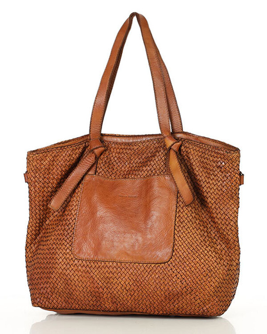 Oryginalna torebka pleciona damska skórzany shopper bag - MARCO MAZZINI brąz camel