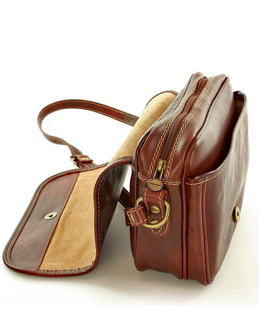 Włoska torebka listonoszka skórzana z klapą MARCO MAZZINI - Alabama Classico brązowa