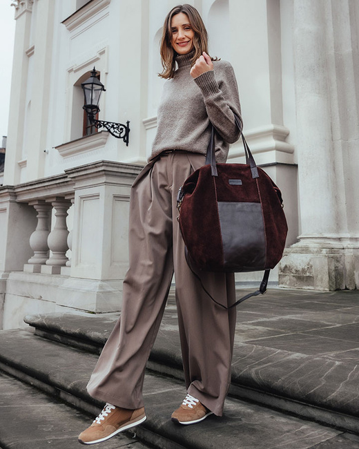 Torba skórzana zamszowa shopper z kieszeniami - It bag MARCO MAZZINI ciemny brąz