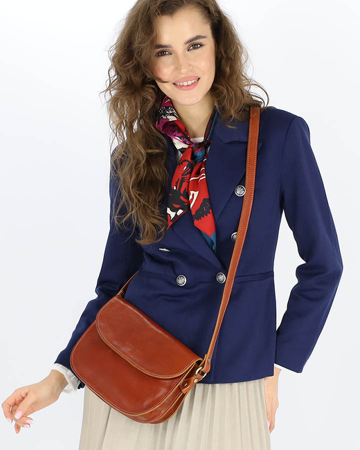 Skórzana torebka saddle bag półksiężyc sztywna skóra - MARCO MAZZINI brąz camel