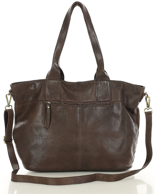 Torebka skórzana na ramię shopper na długich rączkach - MARCO MAZZINI ciemny brąz