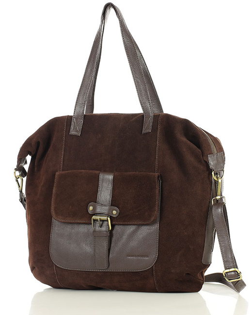 Duża ciemnobrązowa shopperka zamszowa skórzana z kieszenią – MARCO MAZZINI