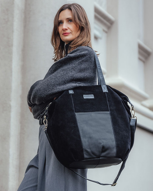 Torba skórzana zamszowa shopper z kieszeniami - It bag MARCO MAZZINI czarna