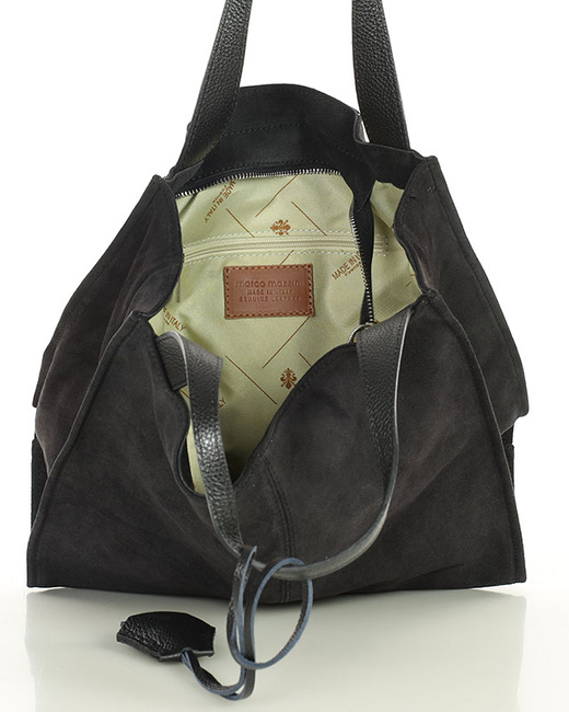 Czarna torba zamszowa ze skóry typu shopper - MARCO MAZZINI
