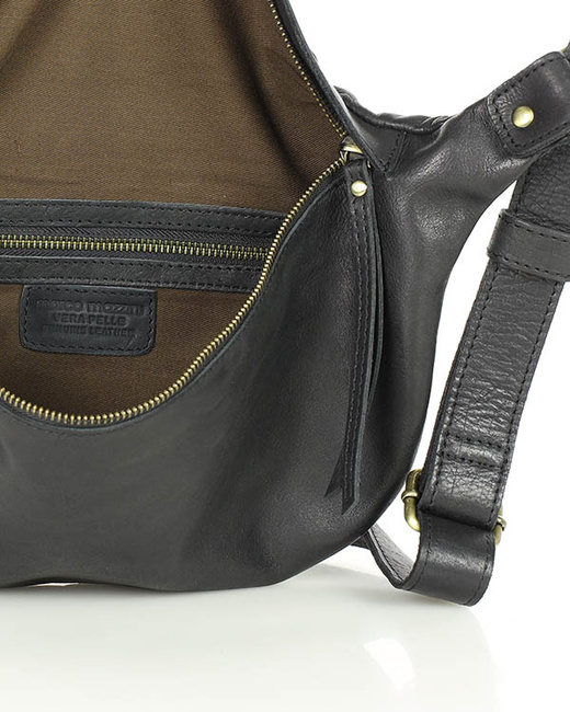 Duża nerka skórzana torebka przez ramię półksiężyc - MARCO MAZZINI czarna