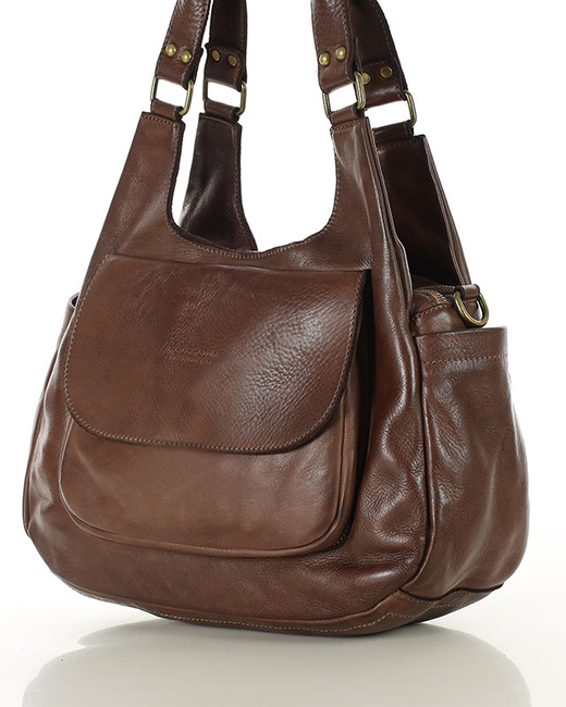 Włoska torebka skórzana z kieszenią z przodu retro bag handmade - MARCO MAZZINI czekoladowy brąz