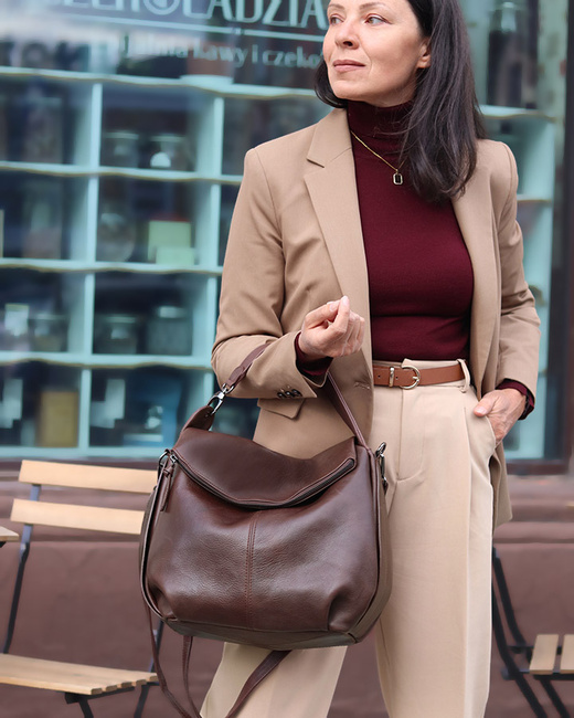 Luksusowa torebka do ręki skórzana damska premium MARCO MAZZINI czekoladowy brąz