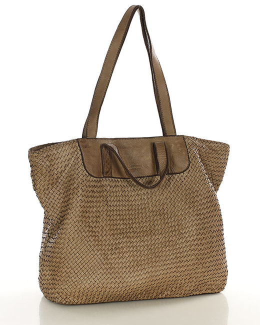 Torba damska pleciona shopper & shoulder leather bag - MARCO MAZZINI beż taupe