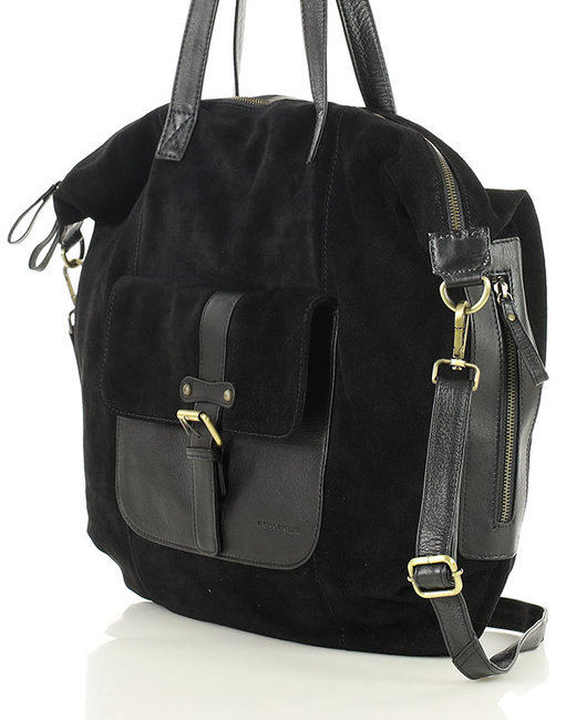 Duża czarna shopperka zamszowa skórzana z kieszenią – MARCO MAZZINI