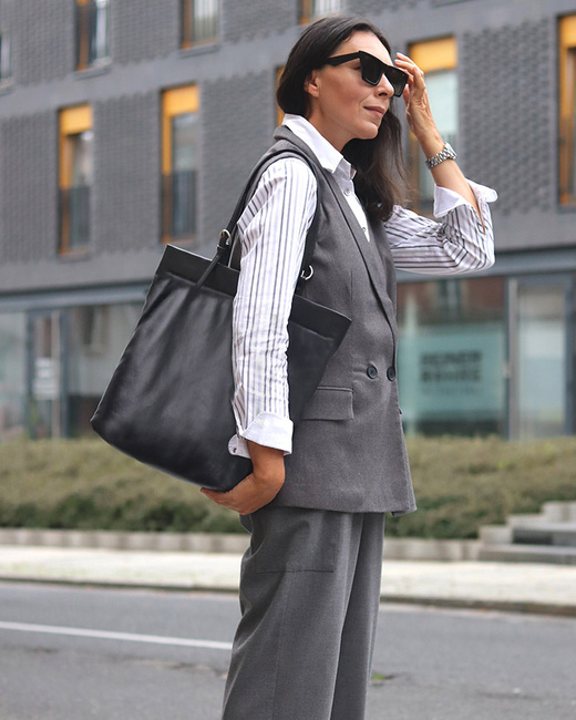 Torebka shopperka premium z miękkiej skóry cielęcej MARCO MAZZINI czarna