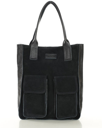 Torebka zamszowa shopper bag z kieszeniami skóra naturalna - MARCO MAZZINI czarny