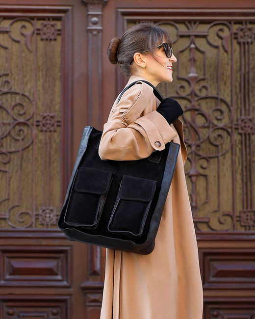 Torebka zamszowa shopper bag z kieszeniami skóra naturalna - MARCO MAZZINI czarny