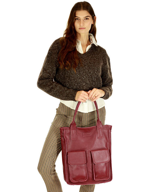 Torebka skórzany shopper bag z kieszeniami - MARCO MAZZINI ciemny czerwony