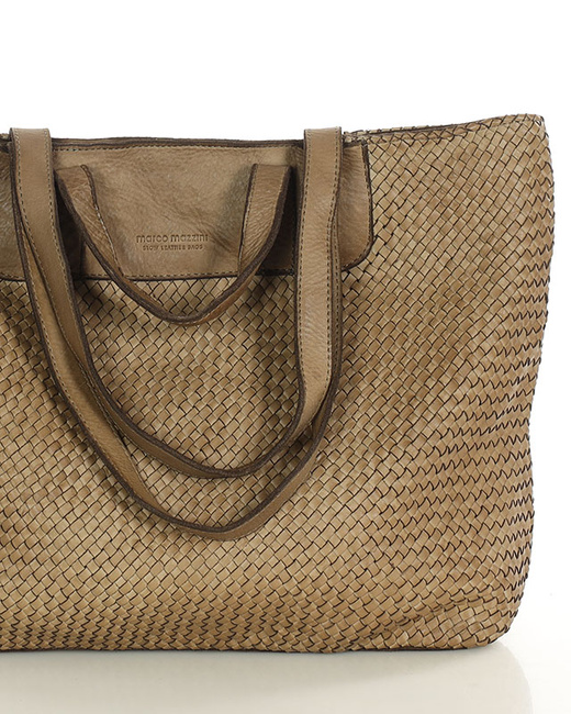 Torba damska pleciona shopper & shoulder leather bag - MARCO MAZZINI beż taupe