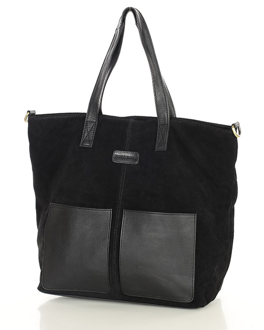 Torebka damska shopper duża zamszowa z kieszonkami – MARCO MAZZINI czarna