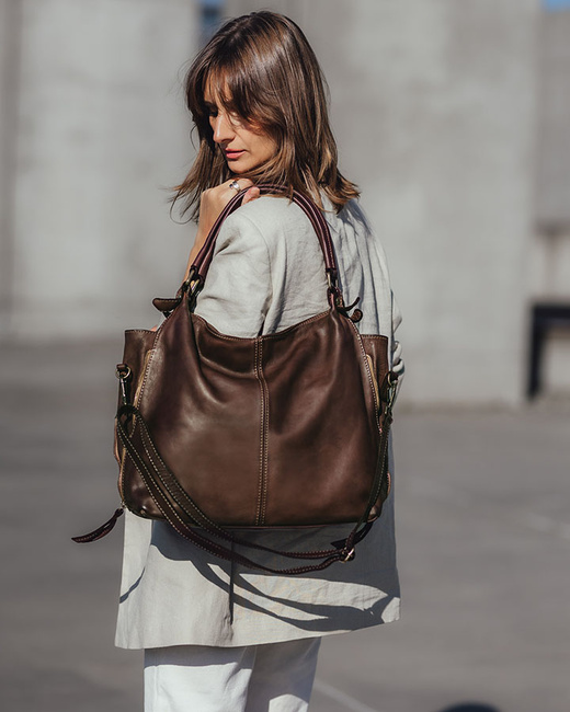 Torba skórzana wysokogatunkowa na ramię styl miejski shoulder leather bag - MARCO MAZZINI czekoladowy brąz