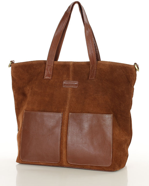 Torebka damska shopper duża zamszowa z kieszonkami – MARCO MAZZINI brązowa