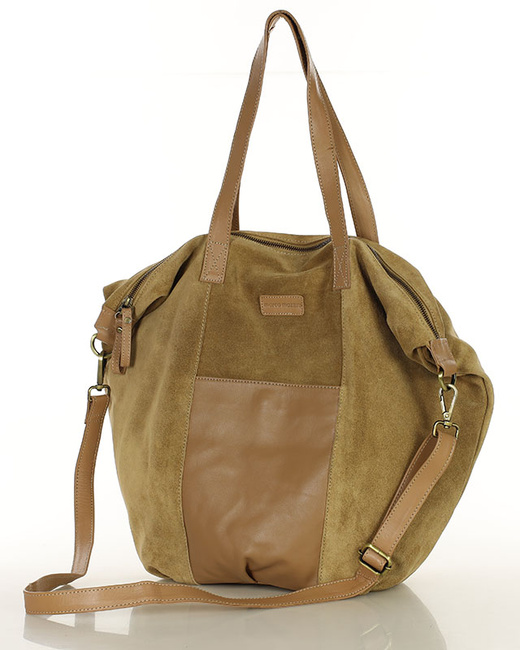 Torba skórzana zamszowa shopper z kieszeniami - It bag MARCO MAZZINI beżowa