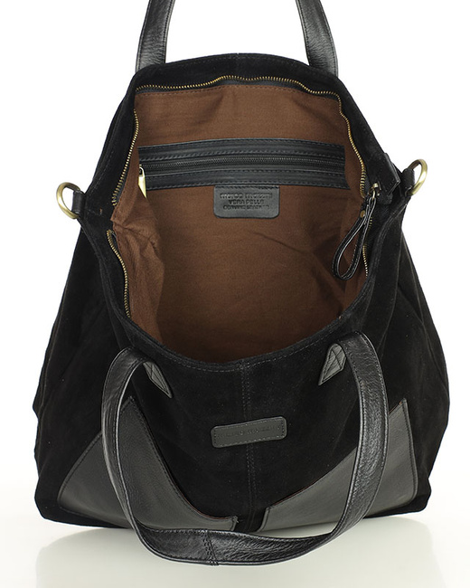 Torebka damska shopper duża zamszowa z kieszonkami – MARCO MAZZINI czarna