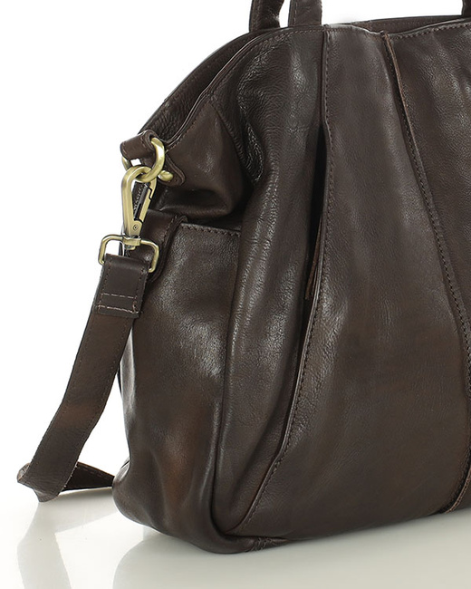 Miękka torebka skórzana shopperka na ramię - MARCO MAZZINI - ciemny brąz