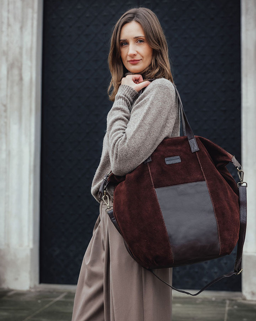 Torba skórzana zamszowa shopper z kieszeniami - It bag MARCO MAZZINI ciemny brąz