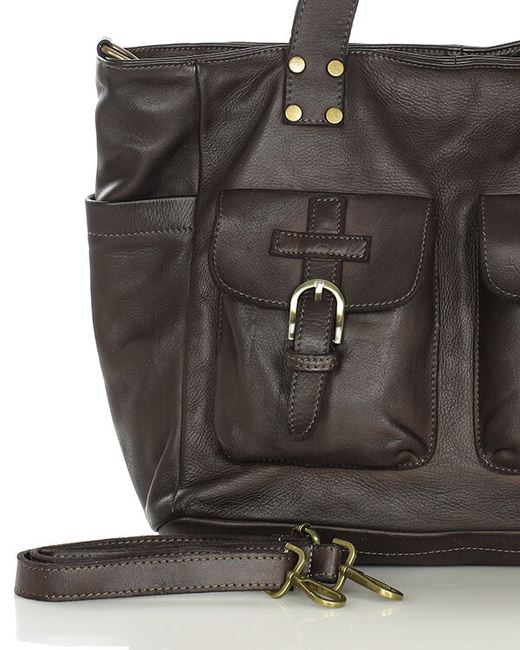 Torba skórzana shopper XL na ramię z dwoma kieszeniami MARCO MAZZINI ciemny brąz