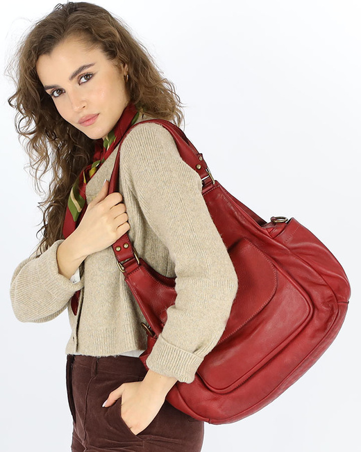 Włoska torebka skórzana z kieszenią retro bag handmade - MARCO MAZZINI bordo czerwona