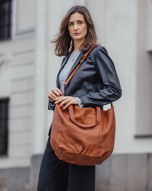 Torba damska skórzana shopper z kieszeniami - It bag MARCO MAZZINI brąz camel