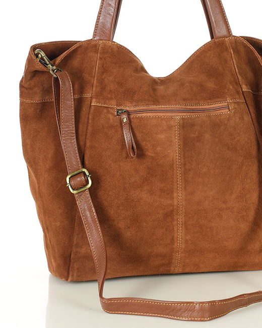Duża torba zamszowa shopper skórzany z kieszenią - MARCO MAZZINI brązowy