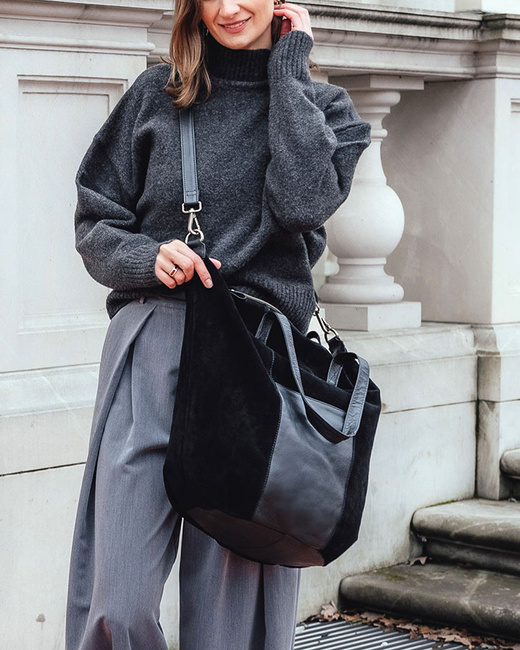 Torba skórzana zamszowa shopper z kieszeniami - It bag MARCO MAZZINI czarna