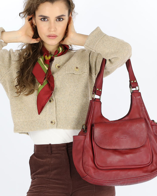 Włoska torebka skórzana z kieszenią retro bag handmade - MARCO MAZZINI bordo czerwona