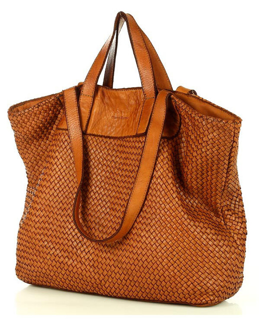 Torba damska pleciona shopper & shoulder leather bag - MARCO MAZZINI brąz karmel
