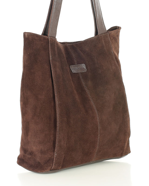 Miękka torba zamszowa skórzana shopper na ramię - MARCO MAZZINI - ciemny brąz