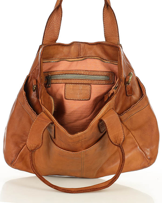 Torebka damska skórzana z kieszeniami na zewnątrz - MARCO MAZZINI brąz camel