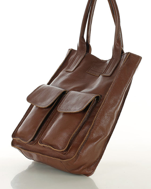 Torebka skórzany shopper bag z kieszeniami - MARCO MAZZINI czekoladowy brąz