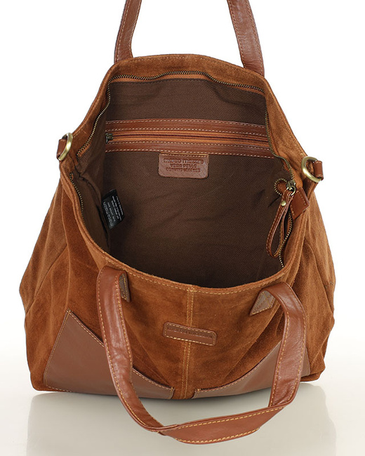 Torebka damska shopper duża zamszowa z kieszonkami – MARCO MAZZINI brązowa