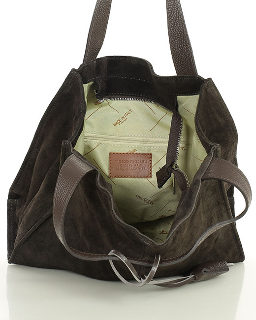 Ciemnobrązowa torba zamszowa ze skóry typu shopper - MARCO MAZZINI