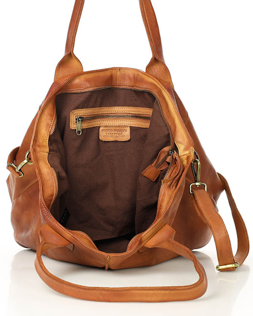 Torebka skórzana na ramię shopper na długich rączkach - MARCO MAZZINI brąz camel