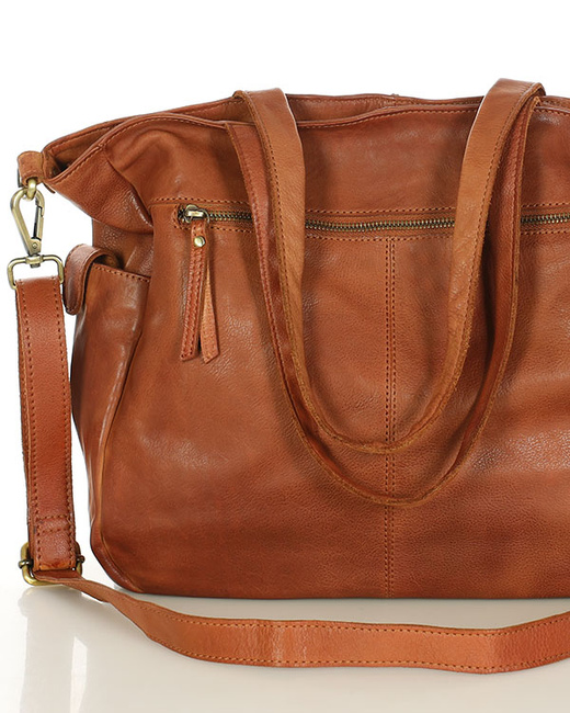 Miękka torebka skórzana shopperka na ramię - MARCO MAZZINI - brąz camel