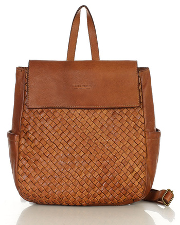 Plecak damski skórzany pleciony z kieszeniami  - MARCO MAZZINI brąz camel