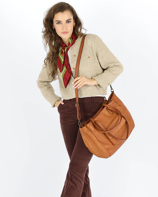 Torebka damska trzykomorowa shopperka skórzana - MARCO MAZZINI brąz camel