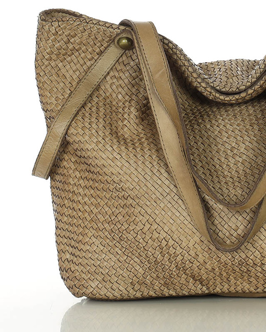 Duża torebka pleciona shopperka ze skóry - MARCO MAZZINI beżowa